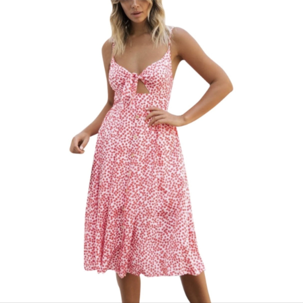 Flower Print V-Neck Spaghetti Strap Button Down Midi Dress Pink White XL